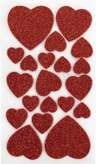 Folia Moosgummi Glitter-Sticker HERZEN I , 40 Stück rot/silber