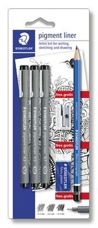 Produktbild: STAEDTLER pigment liner 308 Fineliner, 3er Set (0.3, 0.5, 0.7), 1 Radierer + 1 Spitzer, 308 SBK3P