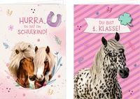 Produktbild: Gru&szlig;karte mit Wegbegleiter-Pin &ndash; Du bist 1. Klasse! / Hurra, du bist ein Schulkind!
