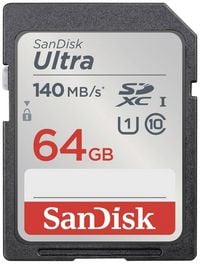 Produktbild: SanDisk SDXC Ultra 64GB (Class 10/UHS-I/140MB/s) SDHC-Karte 64 GB UHS-Class 1 Wasserdicht, sto&szlig;sicher