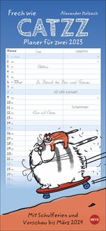 Catzz Planer für zwei 2023. Lustiger Wandplaner für 2. Partnerkalender mit 2 Spalten. Terminkalender mit witzigen Cartoon-Katzen. Wandkalender für