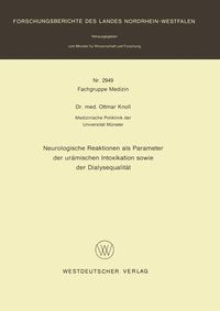 Produktbild: Neurologische Reaktionen als Parameter der ur&auml;mischen Intoxikation sowie der Dialysequalit&auml;t