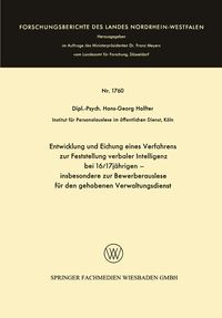 Produktbild: Entwicklung und Eichung eines Verfahrens zur Feststellung verbaler Intelligenz bei 16/17j&auml;hrigen
