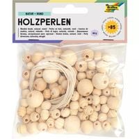 Produktbild: FOLIA Holzperlen NATUR RUND, 84 St&uuml;ck in 4 verschiedenen Gr&ouml;&szlig;en, zum Basteln von Ketten und Armb&auml;ndern, inkl. 2 Schn&uuml;re je ca. 85 cm