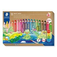 Produktbild: STAEDTLER Noris junior 140 Kindermalstift 3 in 1, Kartonetui mit 18 Malstiften in sortierten Farben, 1 Spitzer und 1 Pinsel, 140 C18