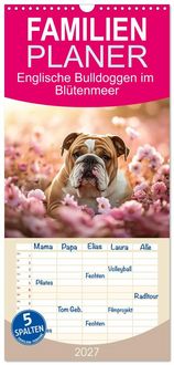 Produktbild: Familienplaner 2027 - Englische Bulldoggen im Bl&uuml;tenmeer mit 5 Spalten (Wandkalender, 21 x 45 cm) CALVENDO