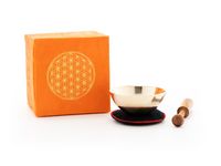 Produktbild: Mini-Klangschale in orangener Box mit 'Blume des Lebens' Aufdruck