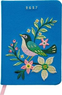 Produktbild: Taschenkalender A6 2027: Vogel und Bl&uuml;ten, bestickt, blau