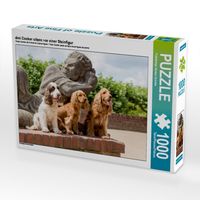 Produktbild: drei Cocker sitzen vor einer Steinfigur (Puzzle)