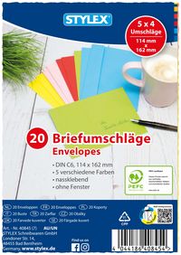 Produktbild: Stylex Briefumschl&auml;ge, DIN C6, nassklebend, farbig, 20 St&uuml;ck