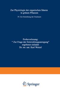Produktbild: Zur Physiologie der organischen S&auml;uren in gr&uuml;nen Pflanzen