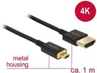 Produktbild: Delock HDMI Anschlusskabel HDMI-A Stecker, HDMI-Micro-D Stecker 1.00 m Schwarz 84781 4K UHD, vergoldete Steckkontakte HDMI-Kabel