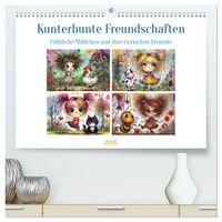 Produktbild: Kunterbunte Freundschaften - Fr&ouml;hliche M&auml;dchen und ihre tierischen Freunde (hochwertiger Premium Wandkalender 2026 DIN A2 quer), Kunstdruck in Hochglanz