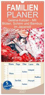 Produktbild: Familienplaner 2027 - Geisha-Katzen - Mit Bl&uuml;ten, Schirm und Bambus im Japanstil mit 5 Spalten (Wandkalender, 21 x 45 cm) CALVENDO