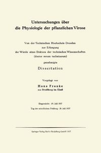 Produktbild: Untersuchungen &uuml;ber die Physiologie der pflanzlichen Virose