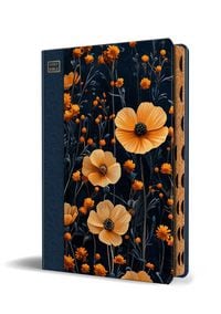 Produktbild: KJV Holy Bible, Large Print Handy Size Format, Hardcover, Dark Blue and Orange Flower, Page Edge Design, Thumb Index, Ribbon Marker, and Red Letter