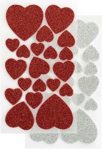 Folia Moosgummi Glitter-Sticker HERZEN I , 40 Stück rot/silber