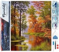 Produktbild: FiguredArt DP-508 - Diamond Painting, See im Herbst, 5D Bild (40x50cm) mit eckigen Steinen, DIY Bastelset