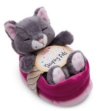 Produktbild: NICI 49746 - Sleeping Pets, Katze grau 12cm im rosa K&ouml;rbchen, GREEN