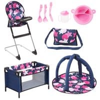 Produktbild: Bayer Design 61769AB - Puppen Set 9 in 1 mit Reisebett, Tasche, Spielbogen, Hochstuhl, Plastik Geschirr, Puppenzubeh&ouml;r, blau, pink, Sterne