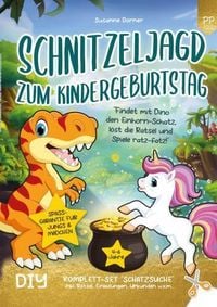 Produktbild: Schnitzeljagd zum Kindergeburtstag: 4 bis 6 Jahre | Findet mit Dino den Einhorn-Schatz, l&ouml;st die R&auml;tsel und Spiele ratz-fatz!