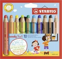STABILO Buntstift, Wasserfarbe & Wachsmalkreide -  woody 3 in 1 - 10er Pack - mit 10 verschiedenen Farben