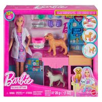 Produktbild: Barbie Gute Besserung“ Tierkrankenstation-Spielset aus Modepuppe mit rosa gefärbten Haaren, Tierarzt-Möbeln und mehr als 10 Zubehörteilen