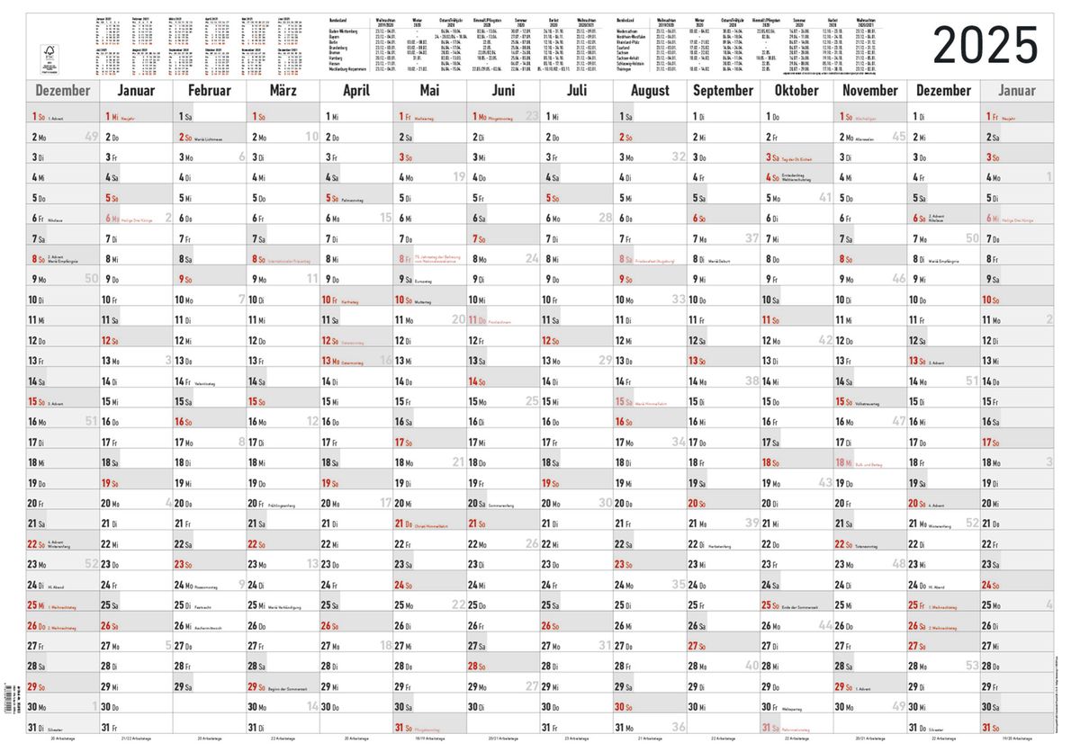 'Jahresplaner XL 14 Monate 2025 - Plakat-Kalender 100x70 cm - Jahresübersicht - Ferienübersicht 