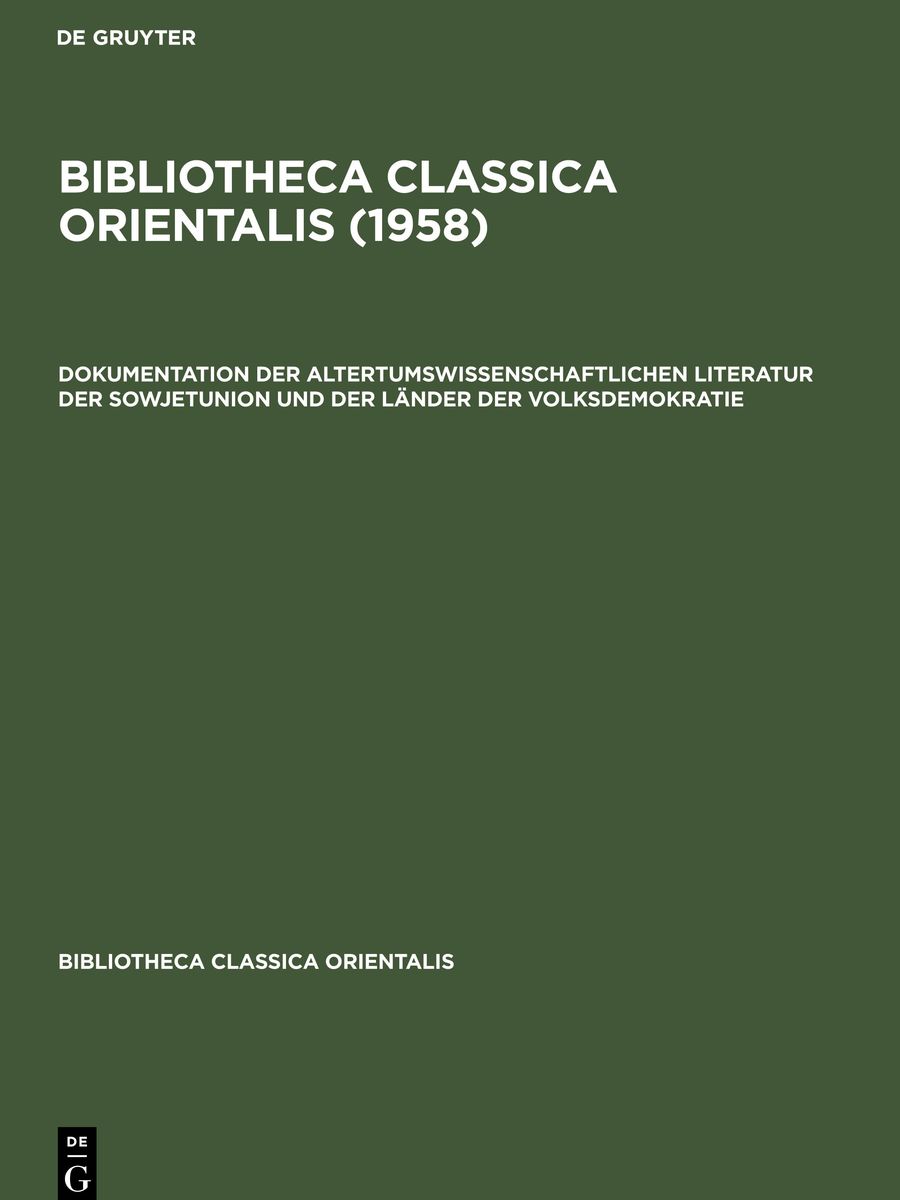 'Bibliotheca Classica Orientalis (1958)' Von '' - Buch - '978-3-11 ...