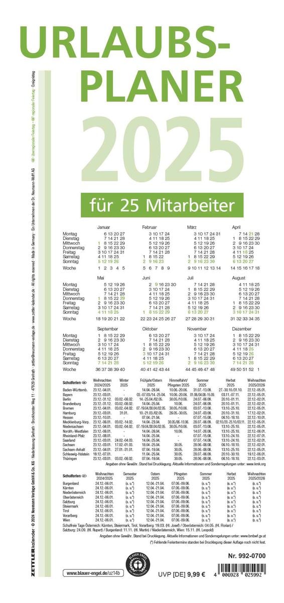 Urlaubsplaner 2025 - 100x29,7 Cm - 16 Monate - Für Bis Zu 25 Personen ...