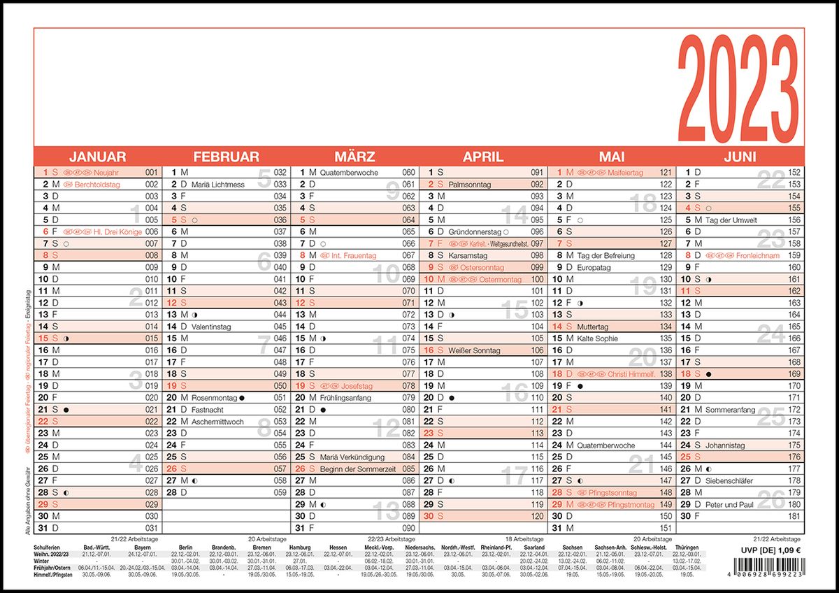 Arbeitstagekalender 2023 A4 (29,7 x 21 cm) 6 Monate auf 1 Seite