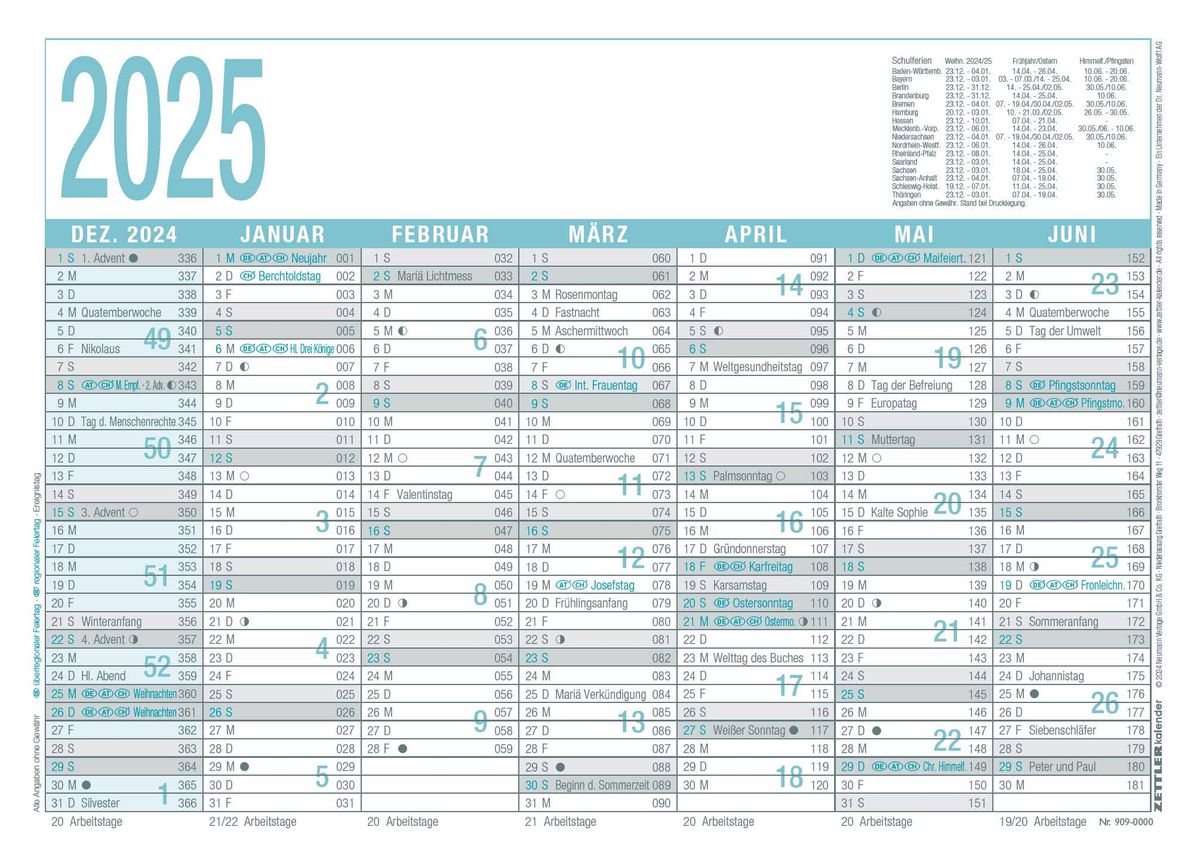 'Zettler Arbeitstagekalender 2025 grau/türkis, 29,7x21cm