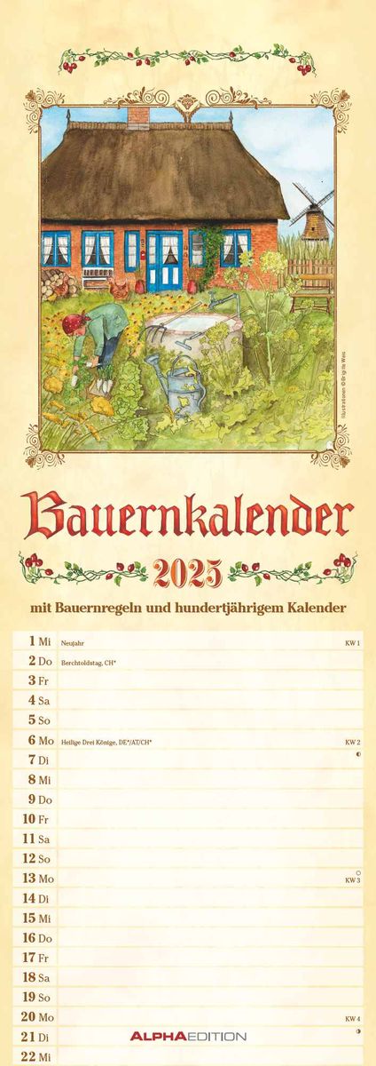 Bauernkalender 2025 - Streifen-Kalender 15x42 cm - mit 100-jährigem