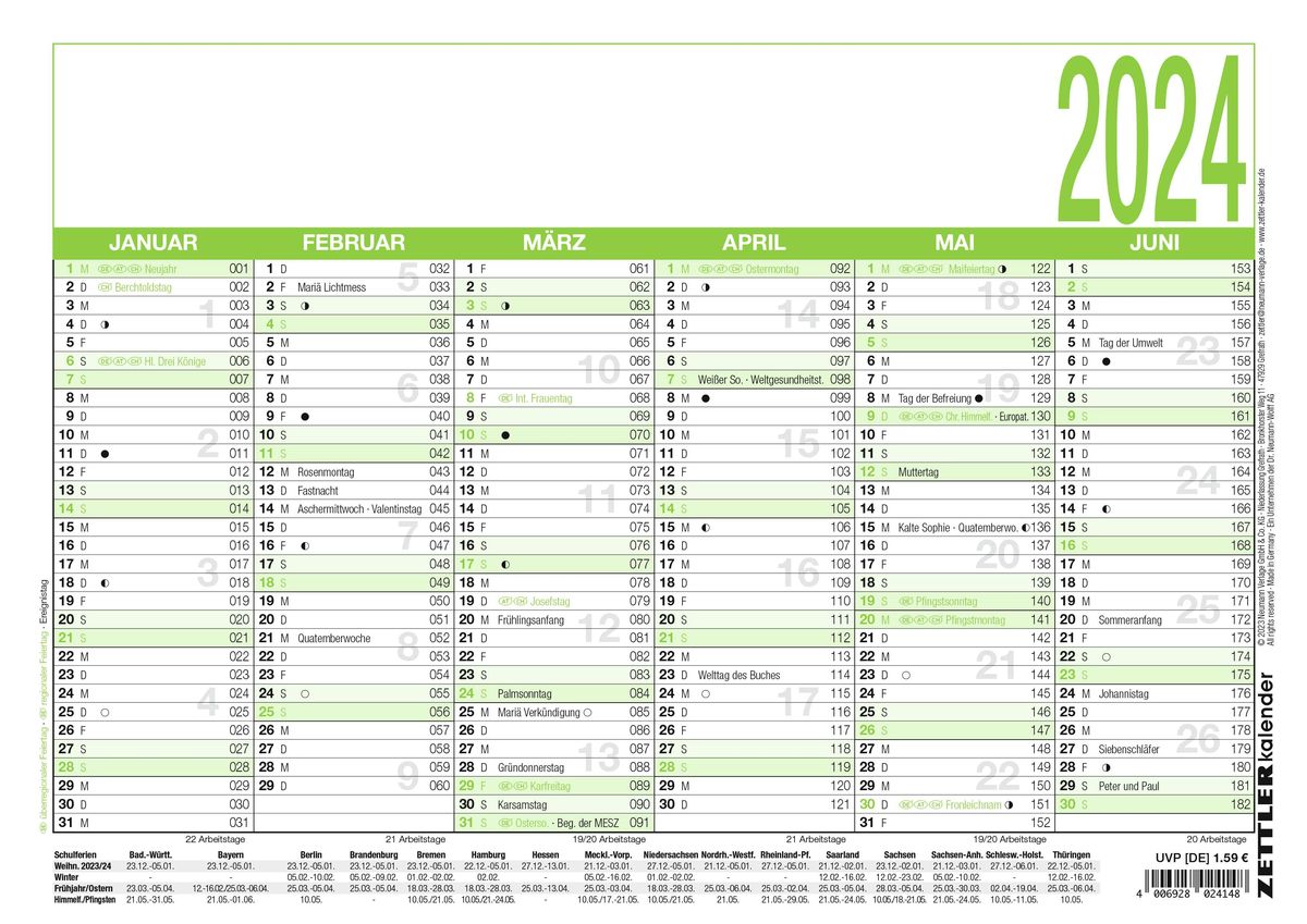 'Arbeitstagekalender Recycling 2024 A4 (29,7 x 21 cm) 6 Monate auf