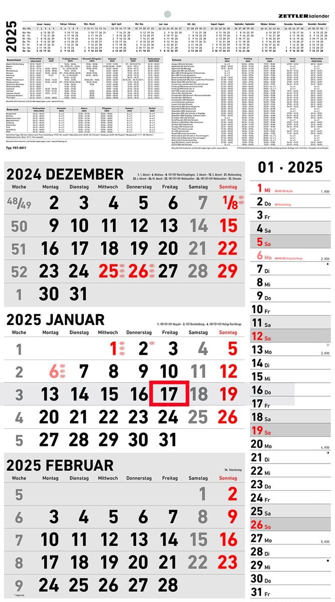 '3-Monatskalender Kombi 2025 - Büro-Kalender 33x45 cm (geöffnet) mit Datumsschieber - Zettler 