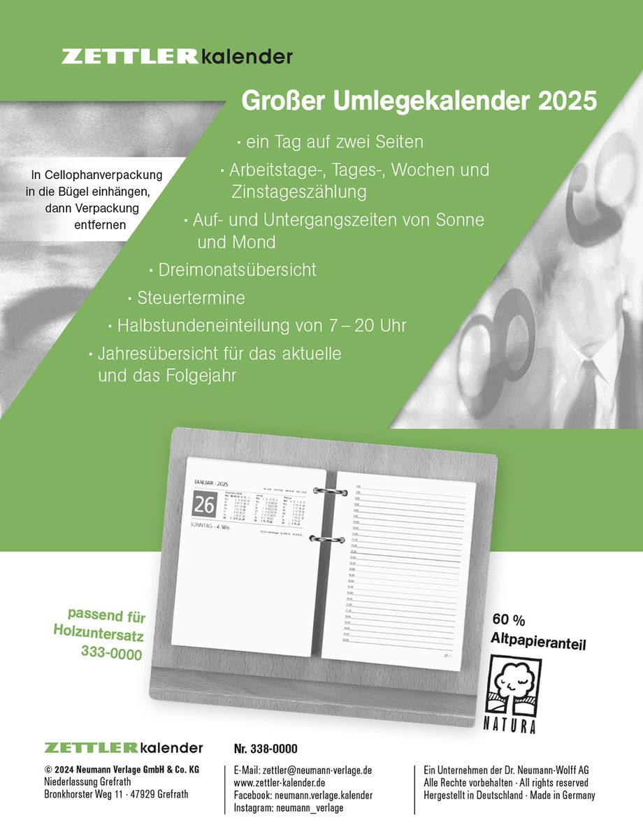 'Zettler - Großer Umlege-Kalender 2025, 10,5x14,2cm, Bürokalender mit 360 Seiten, 1 Tag auf 2 