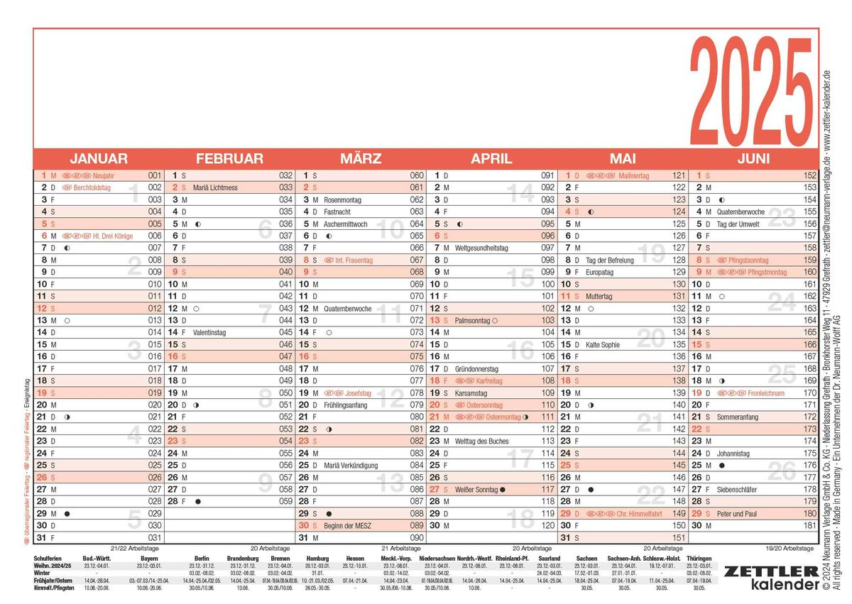 'Arbeitstagekalender 2025 - A6 (14,8 x 10,5 cm) - 6 Monate auf 1 Seite - Tafelkalender 