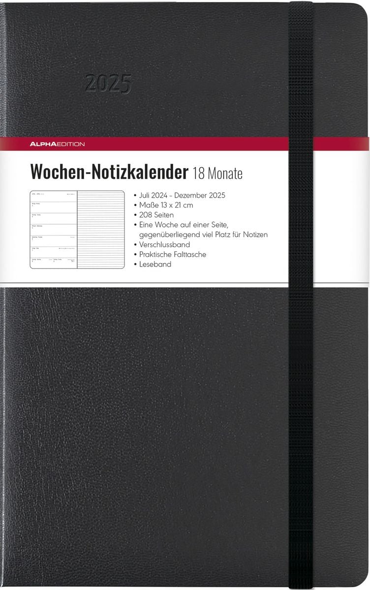 'Wochen Notizkalender 18 Monate groß Black 2025 TaschenKalender