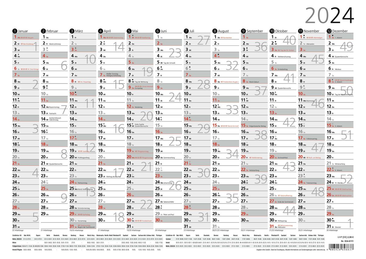 'Plakatkalender 12 Monate 2024 29,7x21 cm gerollt mit Arbeitstage