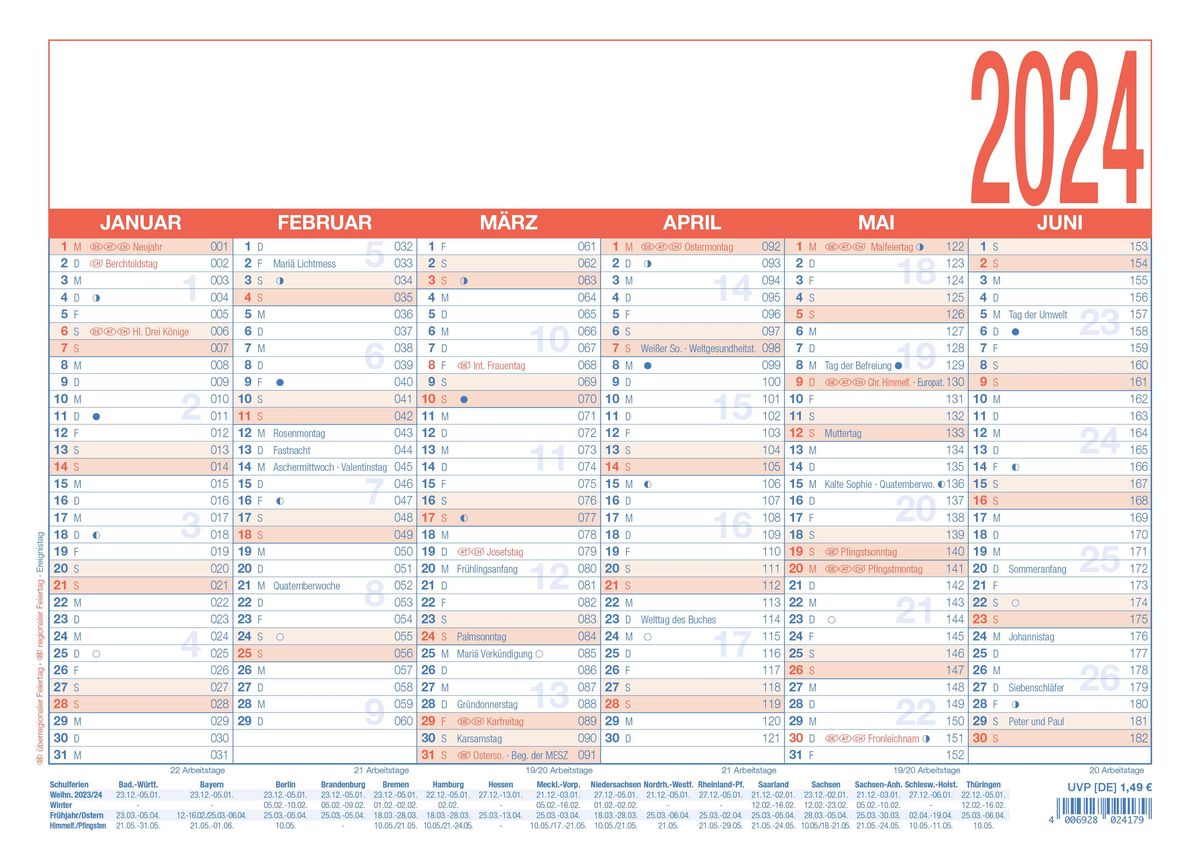 'Arbeitstagekalender blau/rot 2024 A4 (29,7 x 21 cm) 6 Monate auf 1