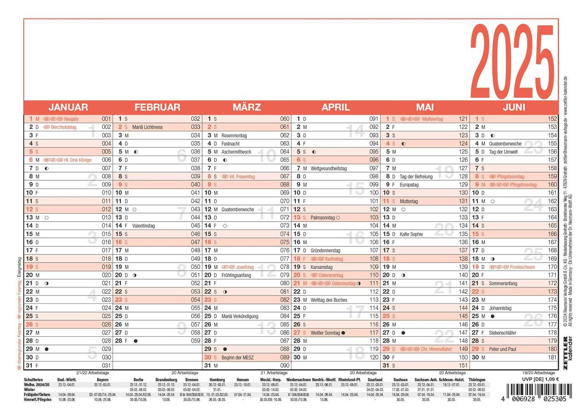 'Zettler Arbeitstagekalender 2025 weiß/rot, 21x14,8cm, Plakatkalender