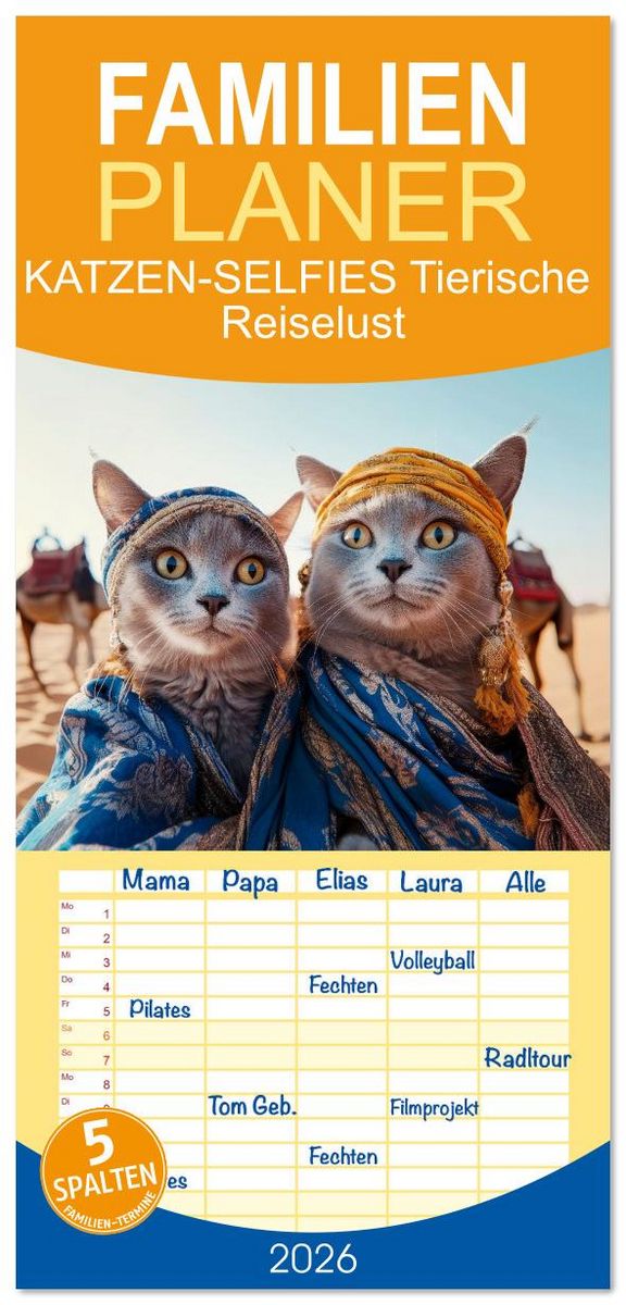 Familienkalender 2026 Mit 5 Spalten - Lustige Tiere Mit 330 Stickern 23x43cm