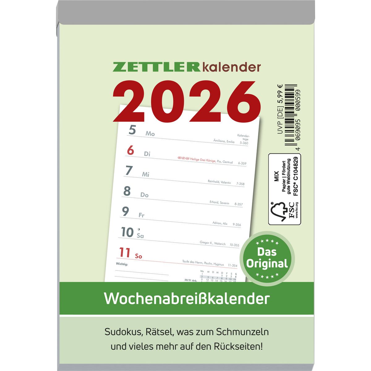 Zettler Wochenbuch Anthrazit 2026 - 1 Woche/2 Seiten, 21x26cm, 5-sprachig