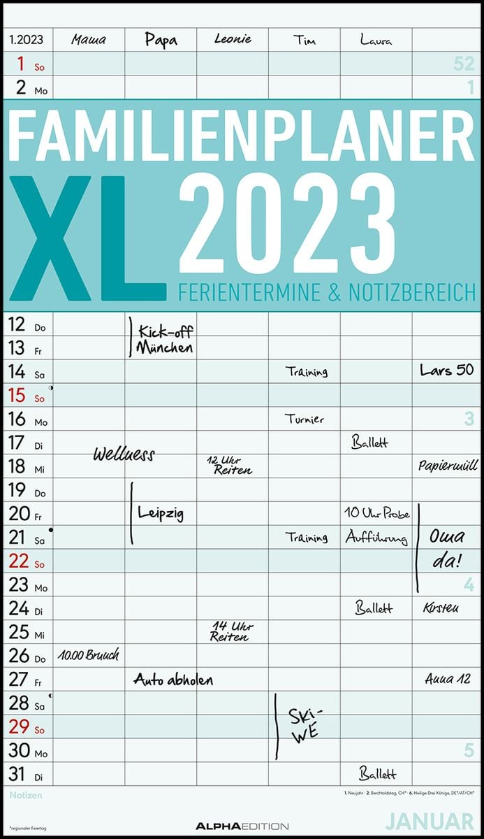 &lsquo;Familienplaner XL 2023 mit 6 Spalten - Familien-Timer 26x45 cm