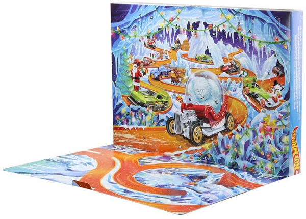 Produktbild Hot Wheels Adventskalender 2026, 10 Spielzeugfahrzeuge im Maßstab 1:64, 14 Zub